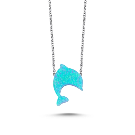 Ürün resmi: Rodyum Kaplama Açık Mavi Opal Yunus Balığı Kolye