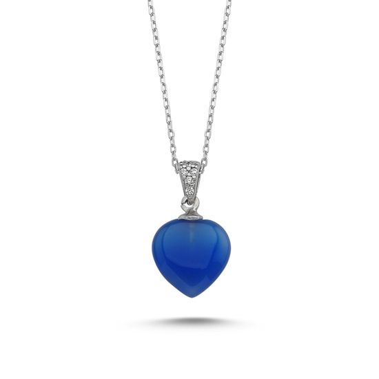 Ürün resmi: Rodyum Kaplama Mavi Akik Taşlı Kalp Kolye