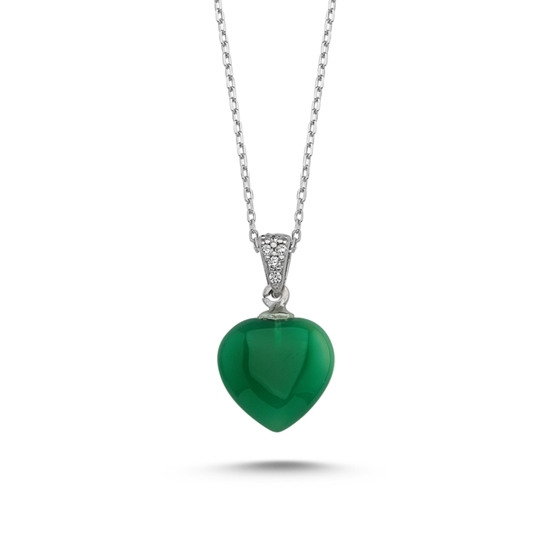 Ürün resmi: Rodyum Kaplama Yeşil Akik Taşlı Kalp Kolye