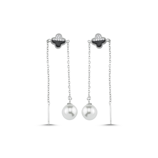 Ürün resmi: Rodyum Kaplama İnci & Zirkon Taşlı Sallantılı Gümüş Bayan Küpe