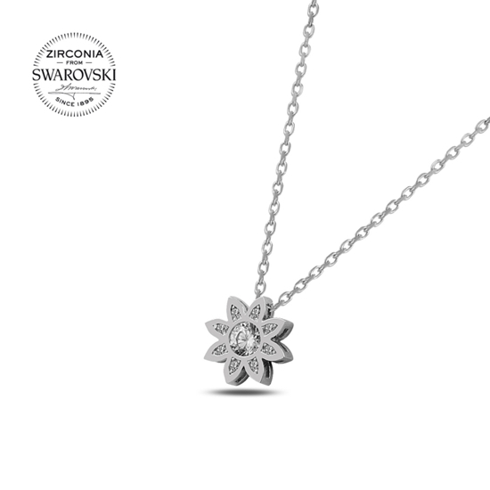 Ürün resmi: Rodyum Kaplama Swarovski Zirkon Taşlı Çiçek Gümüş Bayan Kolye