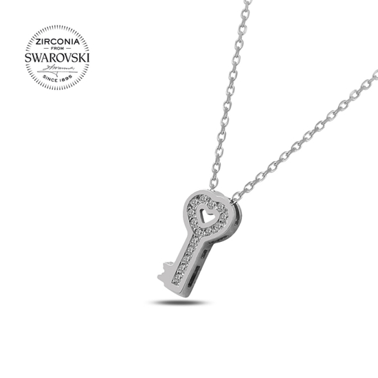 Ürün resmi: Rodyum Kaplama Swarovski Zirkon Taşlı Kalpli Anahtar Gümüş Bayan Kolye