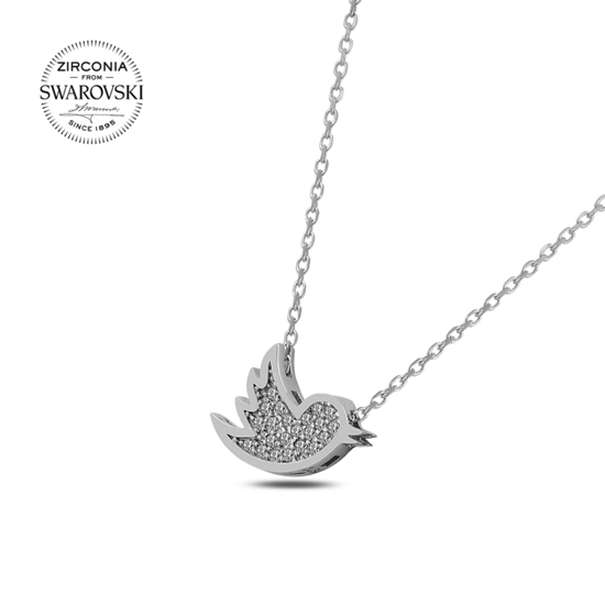Ürün resmi: Rodyum Kaplama Swarovski Zirkon Taşlı Kuş Gümüş Bayan Kolye