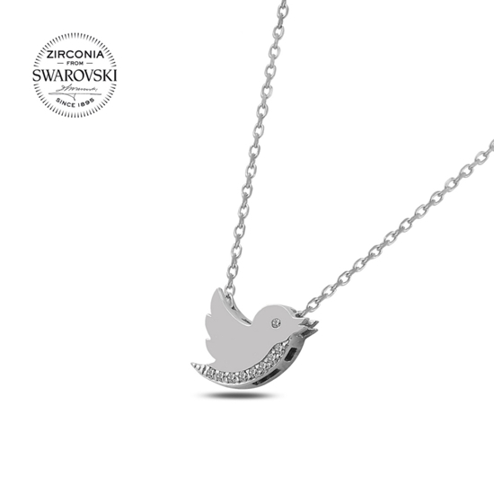 Ürün resmi: Rodyum Kaplama Swarovski Zirkon Taşlı Kuş Gümüş Bayan Kolye