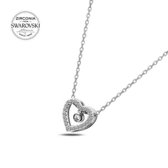 Ürün resmi: Rodyum Kaplama Swarovski Zirkon Taşlı Sallantılı Kalp Gümüş Bayan Kolye