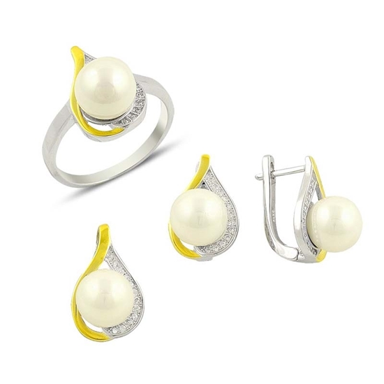 Ürün resmi: Zirkon Taşlı Çift Renk İncili Gümüş Bayan Set