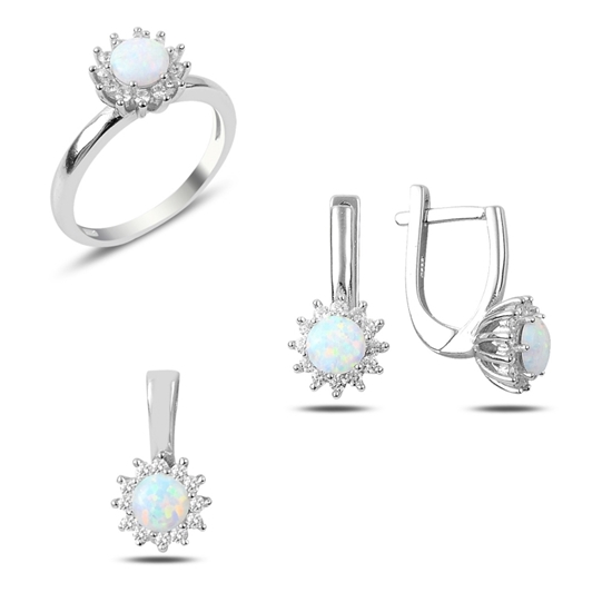 Ürün resmi: Rodyum Kaplama Opal & Zirkon Taşlı Gümüş Bayan Set