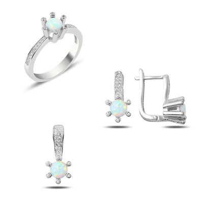 Resim Rodyum Kaplama Opal & Zirkon Taşlı Gümüş Bayan Set