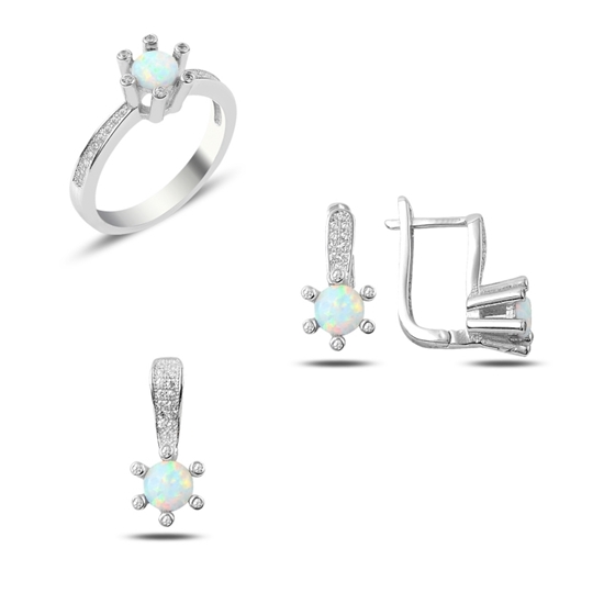 Ürün resmi: Rodyum Kaplama Opal & Zirkon Taşlı Gümüş Bayan Set
