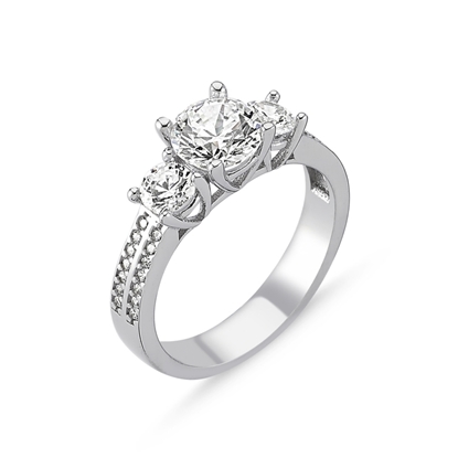 Resim Rodyum Kaplama Swarovski Zirkon Taşlı Üç Taş Gümüş Bayan Yüzük