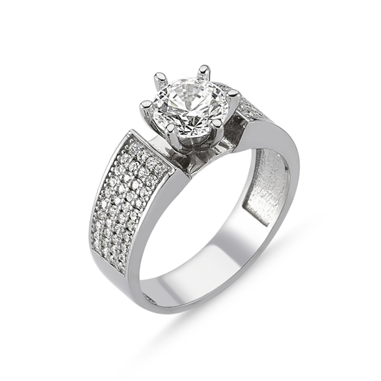 Ürün resmi: Rodyum Kaplama Swarovski Zirkon Taşlı Tektaş Gümüş Bayan Yüzük