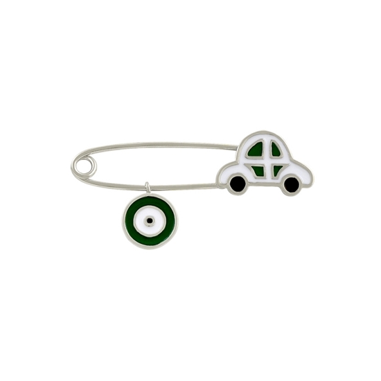 Ürün resmi: Rodyum Kaplama Yeşil Mineli Araba Figürlü Çengelli İğne Gümüş Broş