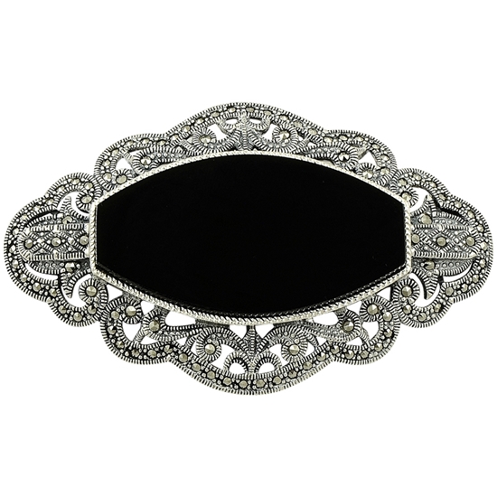 Ürün resmi: Oniks (Siyah Doğal Taş) Markazit Taşlı Gümüş Broş