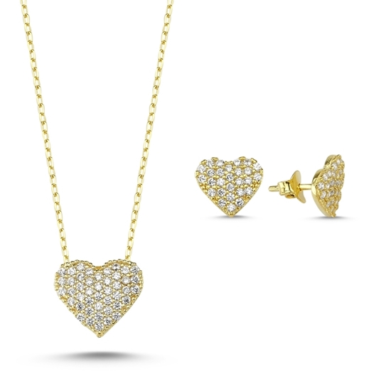 Ürün resmi: Altın Kaplama Zirkon Taşlı Kalp Gümüş Bayan Set