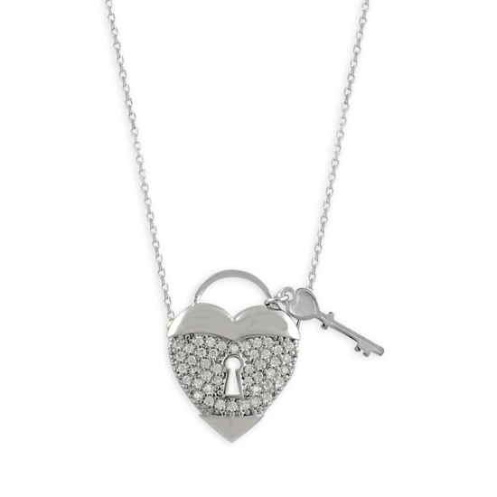 Ürün resmi: Rodyum Kaplama Kalp & Anahtar Gümüş Bayan Hayalet Kolye