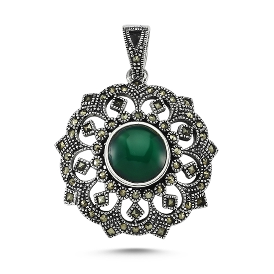 Ürün resmi: Yeşil Akik Doğal Taşlı Markazit Gümüş Bayan Kolye Ucu