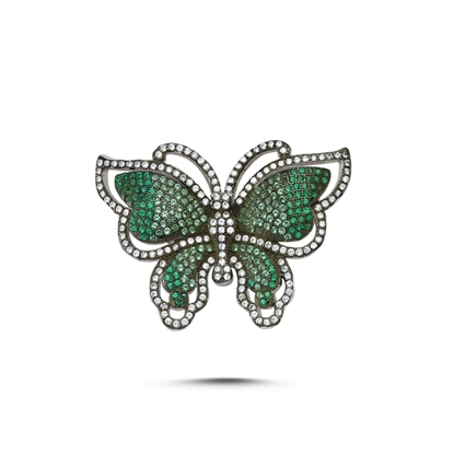 Resim Rodyum Kaplama Zümrüt Zirkon (Yeşil) Zirkon Taşlı Kelebek Gümüş Broş