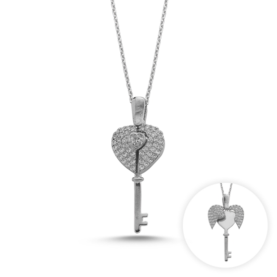 Ürün resmi: Rodyum Kaplama Zirkon Taşlı Hareketli Kalp & Anahtar Gümüş Bayan Kolye
