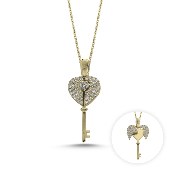Ürün resmi: Altın Kaplama Zirkon Taşlı Hareketli Kalp & Anahtar Gümüş Bayan Kolye