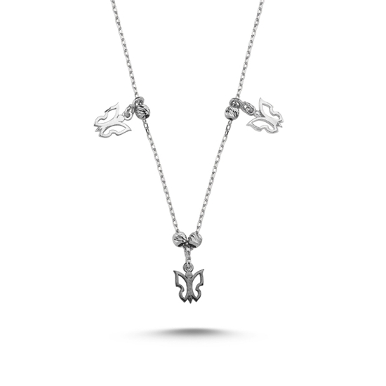 Ürün resmi: Rodyum Kaplama Kelebek Desenli Taşsız Sallantılı Gümüş Bayan Kolye