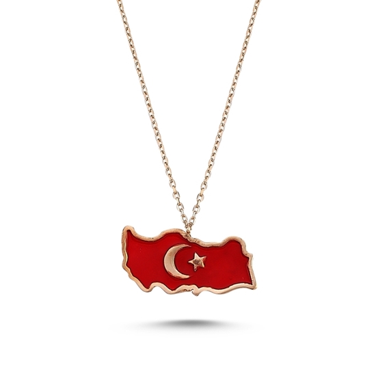 Ürün resmi: Rose Kaplama Mineli Türkiye Haritası & Ay Yıldız Gümüş Bayan Kolye