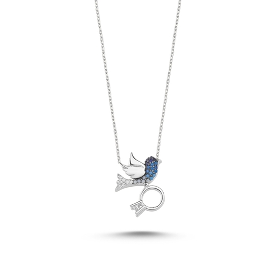 Ürün resmi: Altın Kaplama Mavi Tonlamalı Nano Taşlı TekTaşlı Kuş Gümüş Bayan Kolye
