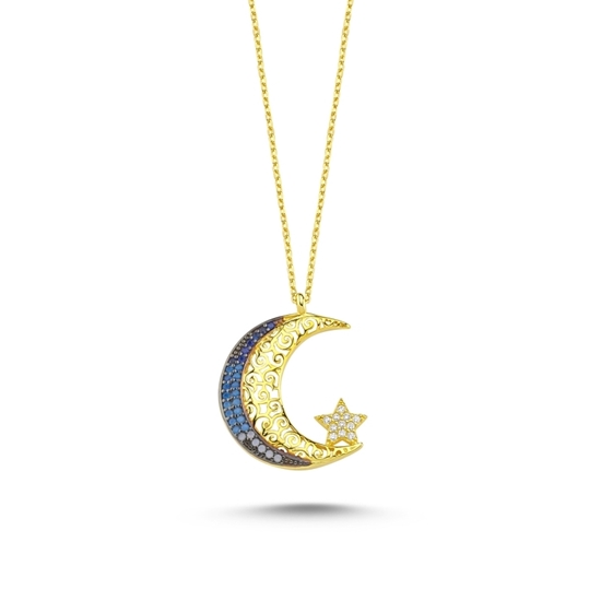 Ürün resmi: Altın Kaplama Ajur Desenli ve Mavi Tonlamalı Nano Taşlı Ay Yıldız Gümüş Bayan Kolye