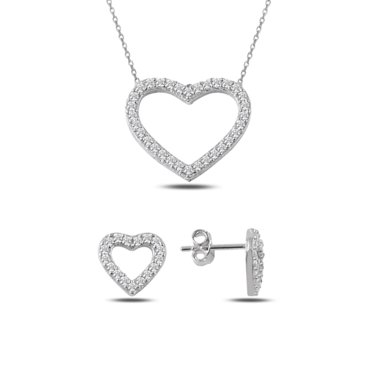 Ürün resmi: Rodyum Kaplama Zirkon Taşlı Kalp Gümüş Bayan Set