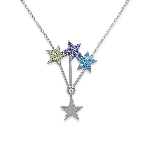 Ürün resmi: Uçuşan Yıldızlar Renkli Zirkon Taş Rodyum Kaplama Gümüş Bayan Hayalet Kolye
