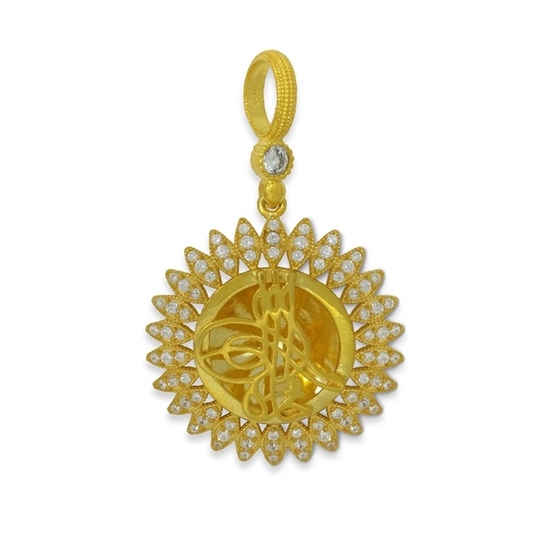 Ürün resmi: Büyük Güneş ve Küçük Gözler Misali Osmanlı Tuğrası Beyaz Zirkon Taş Altın Kaplama Gümüş Bayan Kolye Ucu