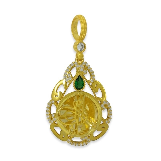 Ürün resmi: Vav Damlalı Osmanlı Tuğrası Yeşil Swarovski ve Beyaz Zirkon Taş Altın Kaplama Gümüş Bayan Kolye Ucu