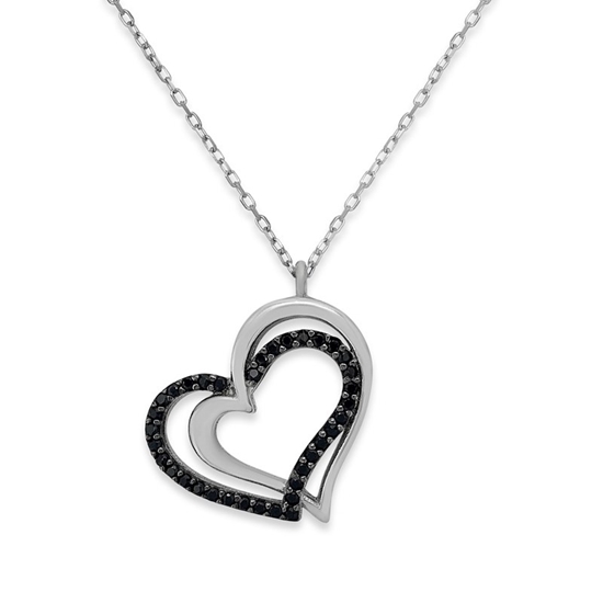 Ürün resmi: İki Kalp Bir Arada Teki Siyah Zirkon Taş Rodyum Kaplama Gümüş Bayan Hayalet Kolye