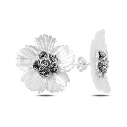 Resim Sedef & Markazit Taşlı Çiçek Gümüş Küpe