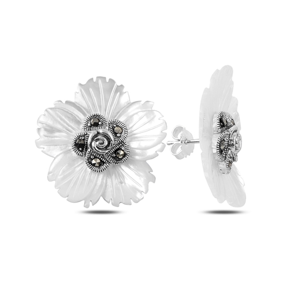 Ürün resmi: Sedef & Markazit Taşlı Çiçek Gümüş Küpe