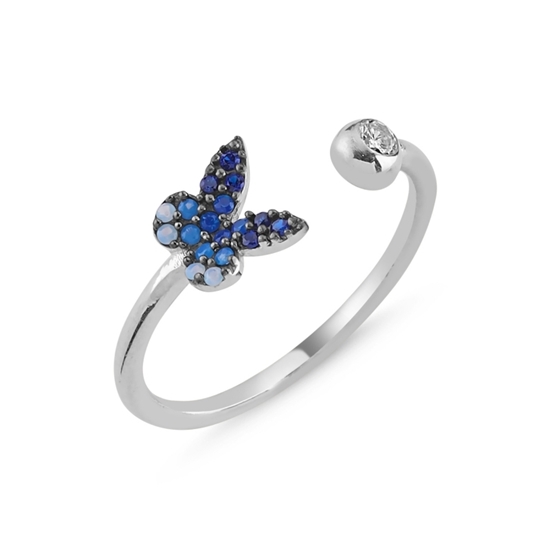 Ürün resmi: Rodyum Kaplama Mavi Tonlamalı Nano Taşlı Kelebek Ayarlanabilir Gümüş Bayan Yüzük