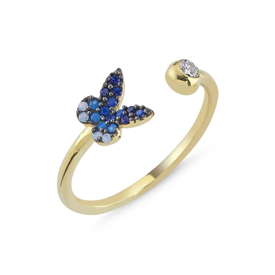Ürün resmi: Altın Kaplama Mavi Tonlamalı Nano Taşlı Kelebek Ayarlanabilir Gümüş Bayan Yüzük