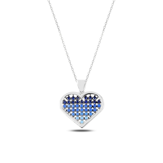 Ürün resmi: Rodyum Kaplama Mavi Tonlamalı Nano Taşlı Kalp Gümüş Bayan Kolye
