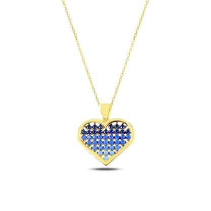 Resim Altın Kaplama Mavi Tonlamalı Nano Taşlı Kalp Gümüş Bayan Kolye