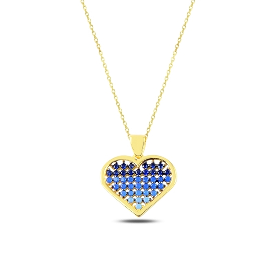 Ürün resmi: Altın Kaplama Mavi Tonlamalı Nano Taşlı Kalp Gümüş Bayan Kolye