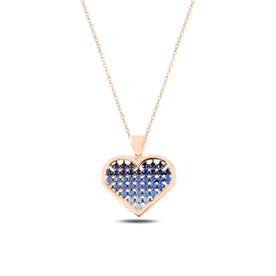 Ürün resmi: Rose Kaplama Mavi Tonlamalı Nano Taşlı Kalp Gümüş Bayan Kolye