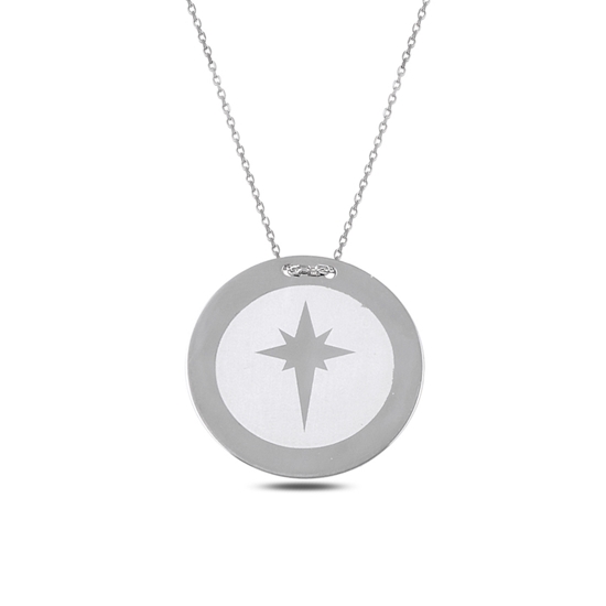 Ürün resmi: Rodyum Kaplama Lazerli Kuzey Yıldızı Yuvarlak Gümüş Plaka Kolye