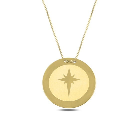 Ürün resmi: Altın Kaplama Lazerli Kuzey Yıldızı Yuvarlak Gümüş Plaka Kolye