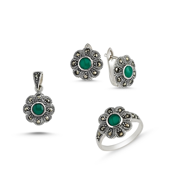 Ürün resmi: Yeşil Akik Markazit Taşlı Gümüş Üçlü Gümüş Bayan Set