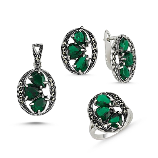 Ürün resmi: Zümrüt Zirkon (Yeşil) Markazit Taşlı Gümüş Üçlü Gümüş Bayan Set