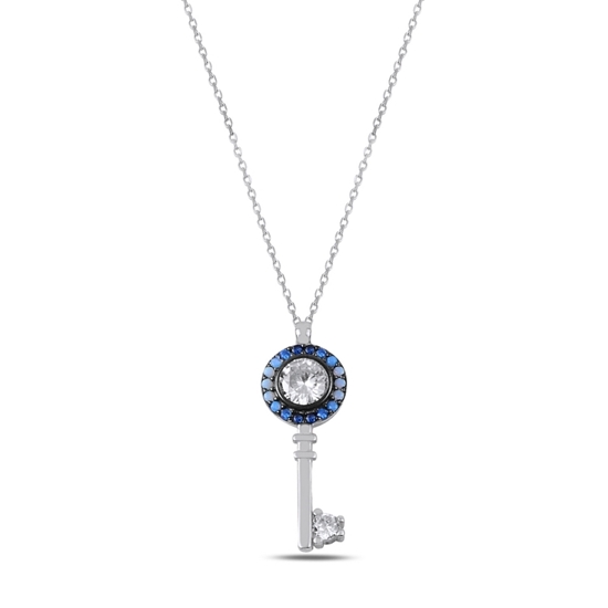 Ürün resmi: Rodyum Kaplama Mavi Tonlamalı Nano Taşlı Anahtar Gümüş Bayan Kolye