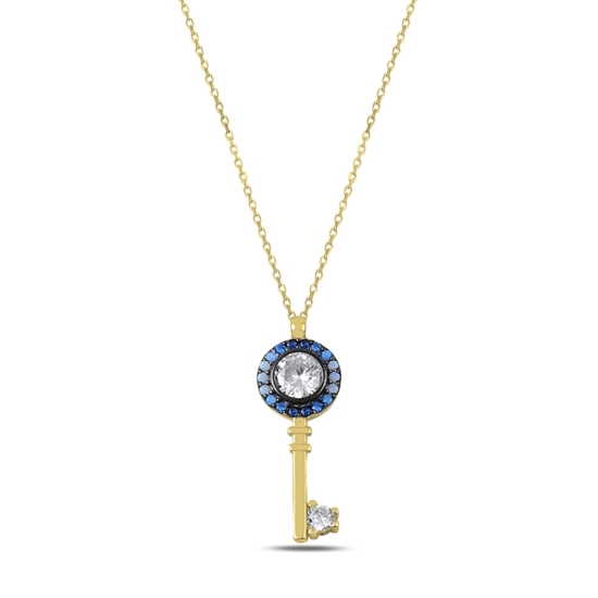 Ürün resmi: Altın Kaplama Mavi Tonlamalı Nano Taşlı Anahtar Gümüş Bayan Kolye