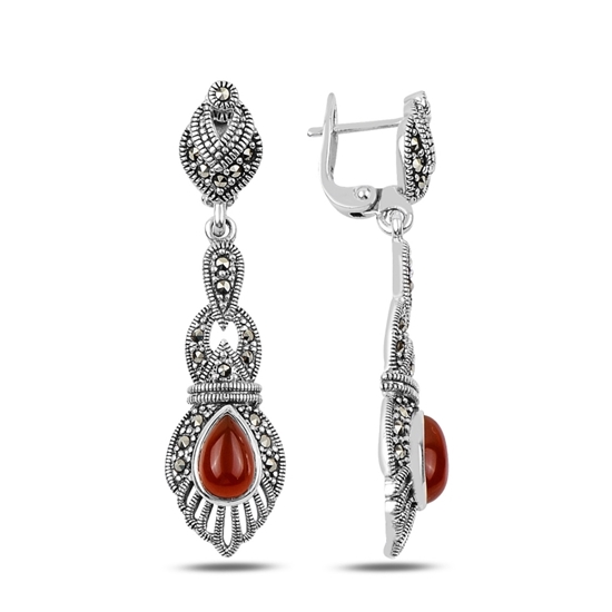 Ürün resmi: Markazit & Kırmızı Akik Taşlı Sallantılı Gümüş Bayan Küpe