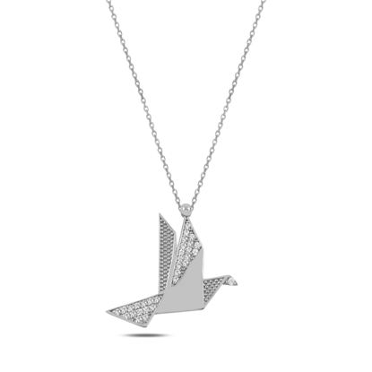 Resim Rodyum Kaplama Origami Anka Kuşu Zirkon Taşlı Gümüş Bayan Hayalet Kolye