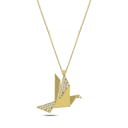 Resim Altın Kaplama Origami Anka Kuşu Zirkon Taşlı Gümüş Bayan Hayalet Kolye
