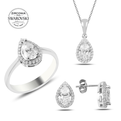 Resim Rodyum Kaplama Swarovski Zirkon Damla Taşlı Tektaş Gümüş Bayan Set